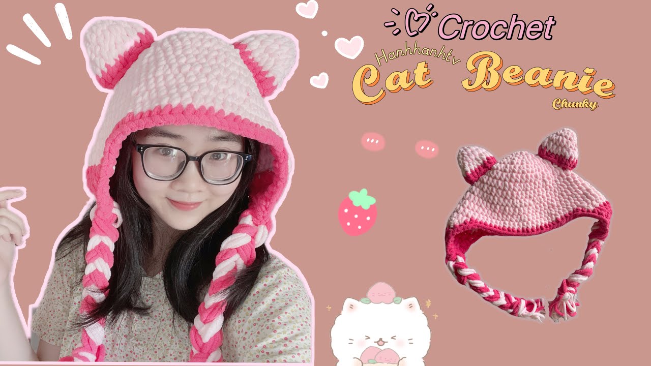 Crochet Cat Beanie|☁️Chunky Hat|💕Móc mũ tai mèo bằng len nhung đũa chi tiết-Cách Up Size