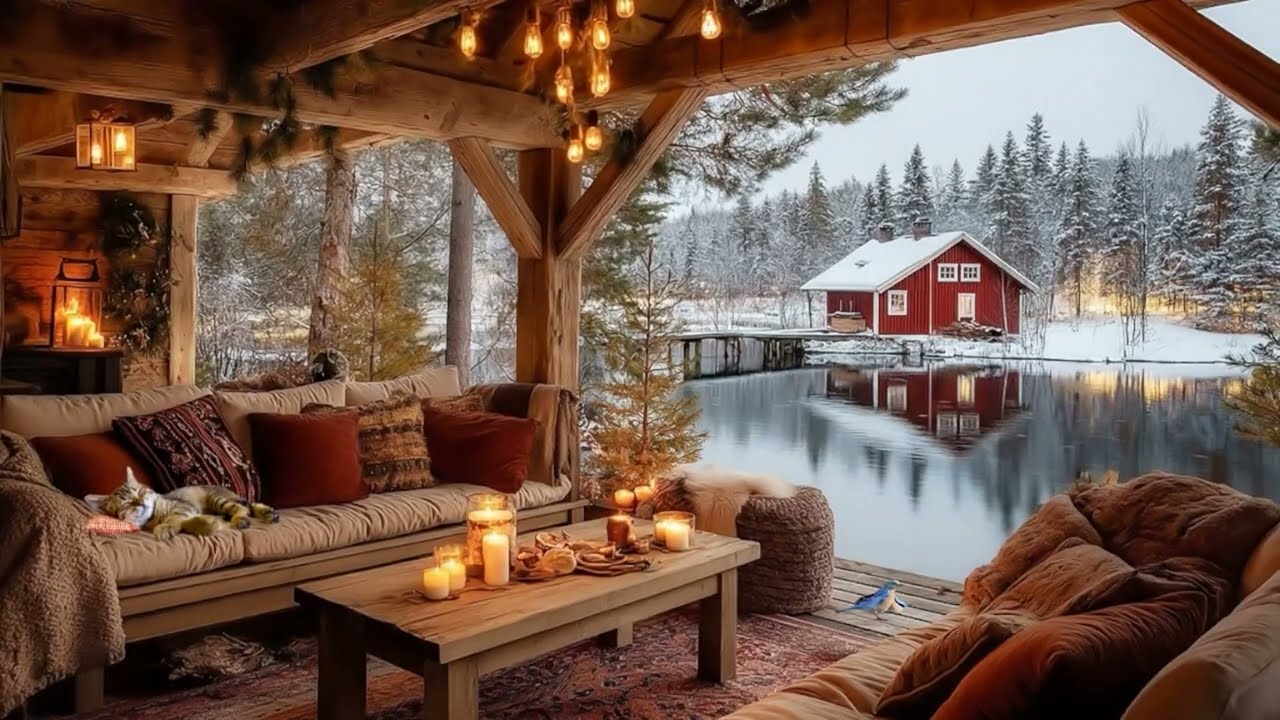 Soothing Piano Music & Fireplace Sounds on a Quiet Snowfall Day ❄️ Cozy Cabin by the River
