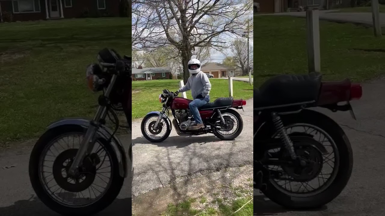 1978 Suzuki GS750E w/ the Delkevic 4-1 full performance exhaust in maroon doing a rev-up, full sound