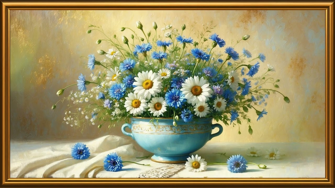 Cornflowers & Daisies in Blue Vase |  Piano Music & Spring Floral Art | 4K Frame TV Screensaver