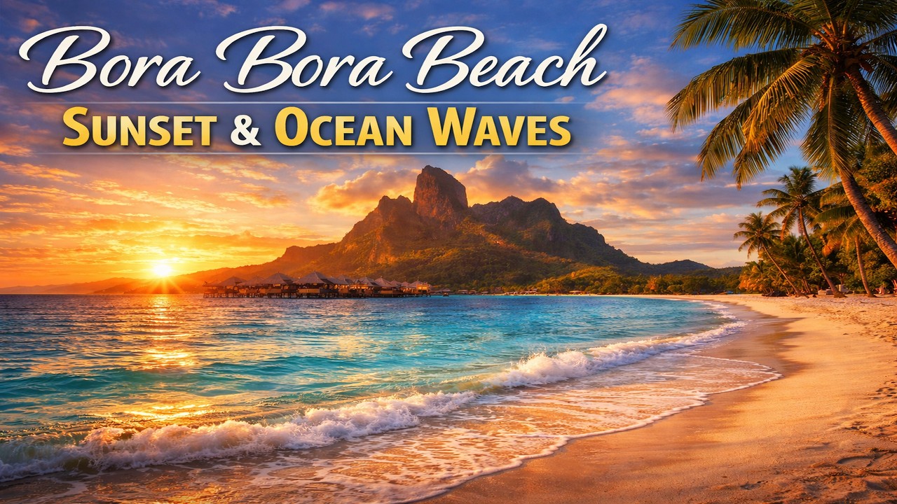 Bora Bora Beach at Sunset 🌅 Soft Ocean Waves for Deep Sleep| Relaxation & Stress Relief White Noise