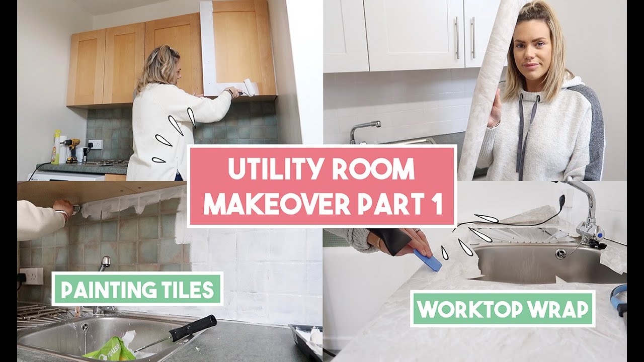 UTILITY ROOM MAKEOVER ON A BUDGET | WRAPPING WORKTOPS, PAINTING TILES AND CABINET DOORS