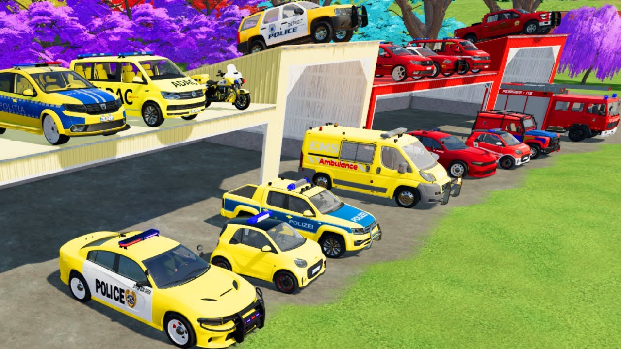 TRANSPORTING CARS, AMBULANCE, POLICE CARS, FIRE TRUCK OF COLORS! WITH TRUCKS! - FS 22