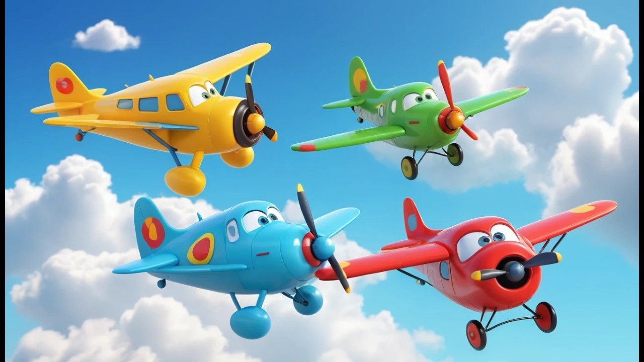 Cuatro Pequeños Aviones de Juguete Vuelan Alto | Canciones de Aviones y Transportes