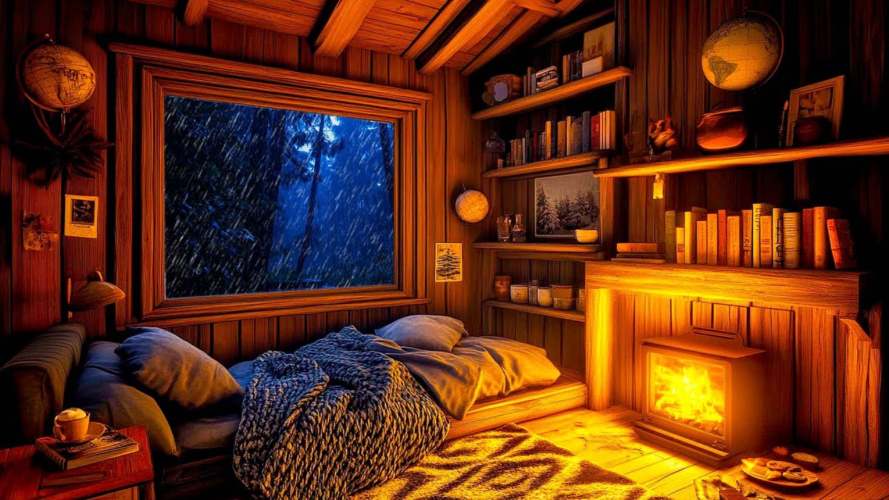 Peaceful Rainstorm outside a Cozy Hut | ASRM Ambience with Rain,Thunder & Fireplace for Sleep
