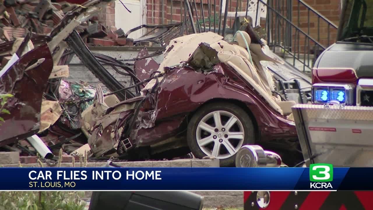 Video shows car fly into a home in Missouri