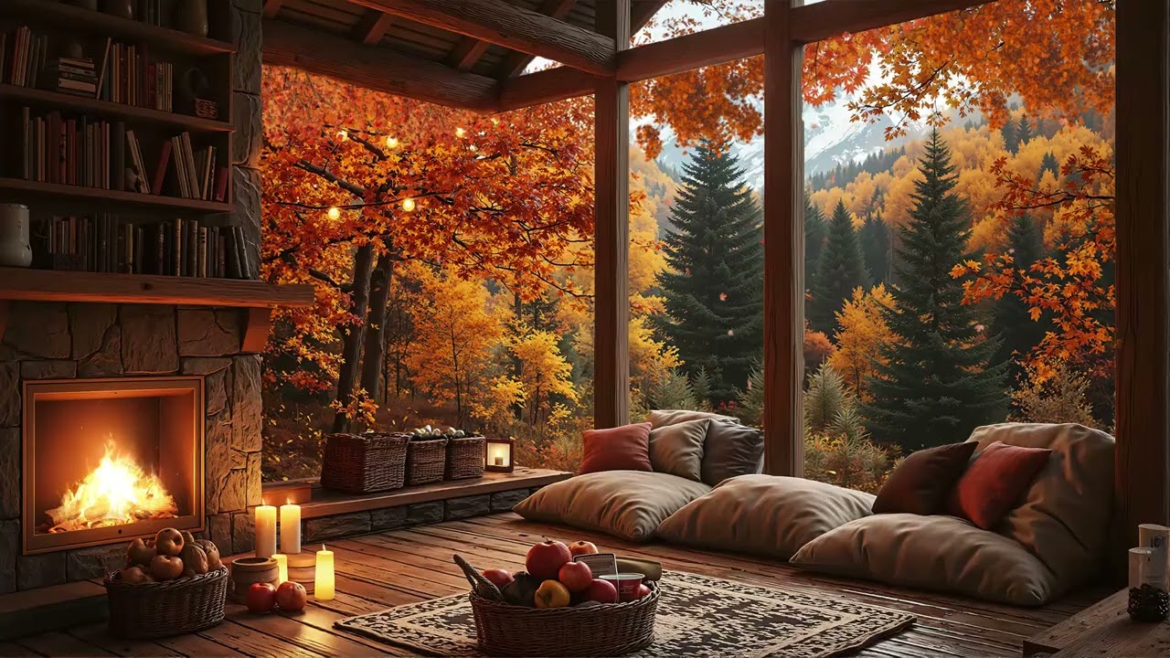 Autumn Jazz in a Cozy Cabin | Warm Fireplace & Fall Forest View 🍁🔥