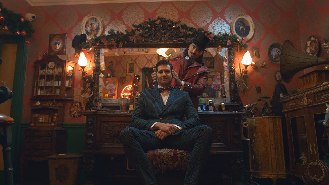 Beautiful New Year's eve ambience at Barbershop, gentleman is getting old school haircut, ASMR