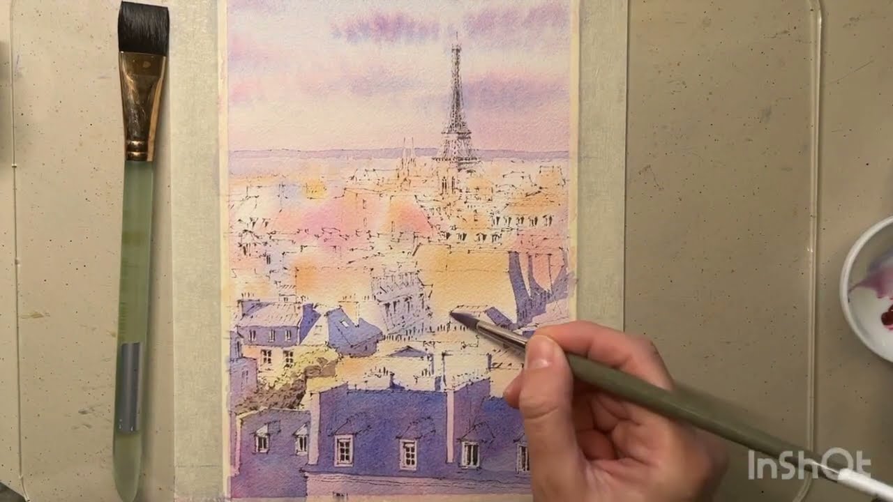 Paris Roofs and Eiffel Tower watercolor painting