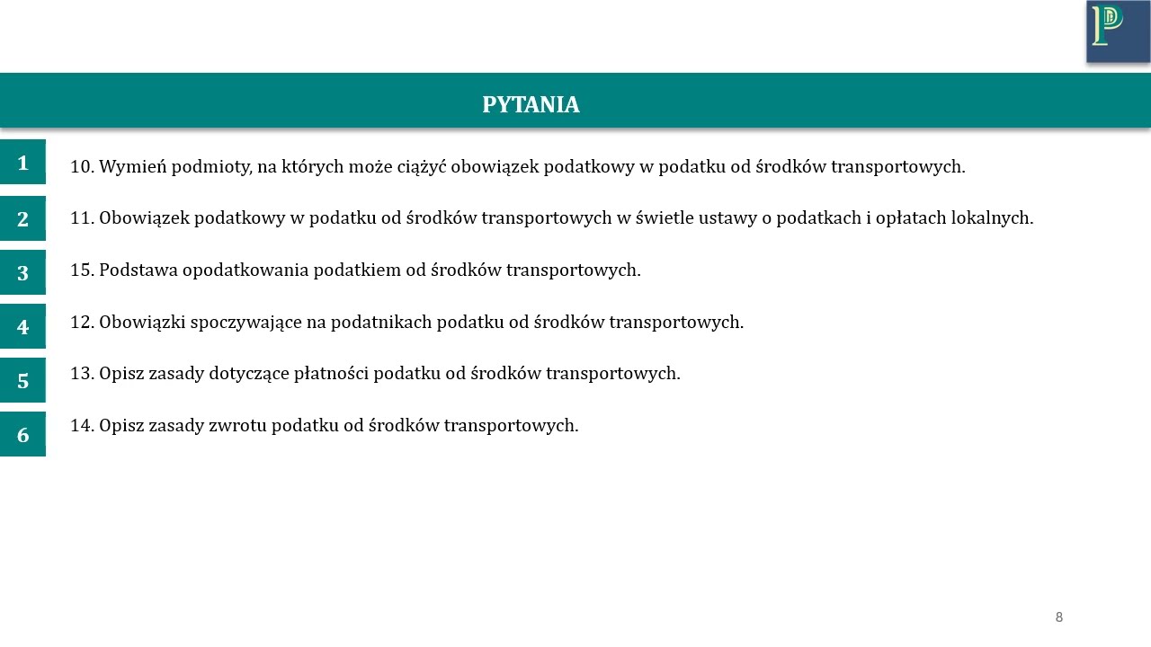 Egzamin ustny na doradcę podatkowego 2025, Podatek od środków transportowych