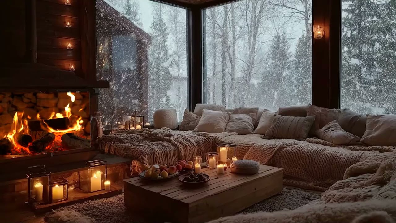 Snowy Cabin Fireplace ❄️ Calm Piano Music for Productivity & Peaceful Work