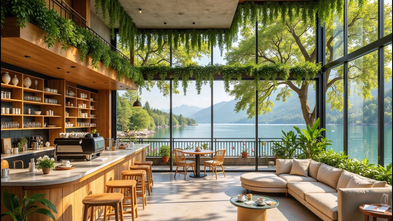 Peaceful Morning With Jazz | Cafe Jazz With Fresh Lake Ambience For Positive Morning, Relieve Stress