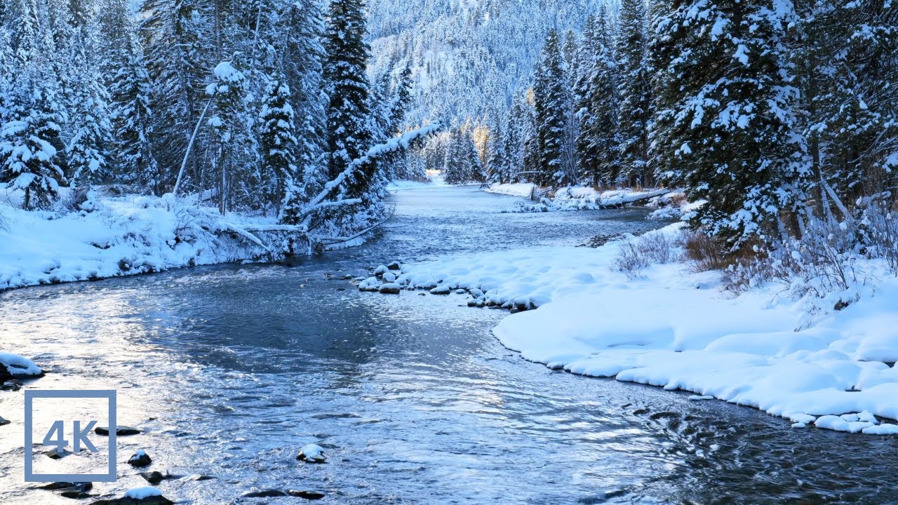 4K Winter Wonderland | Snowy Mountain River at Sunset | Relaxing Nature Sounds for Sleep & Study