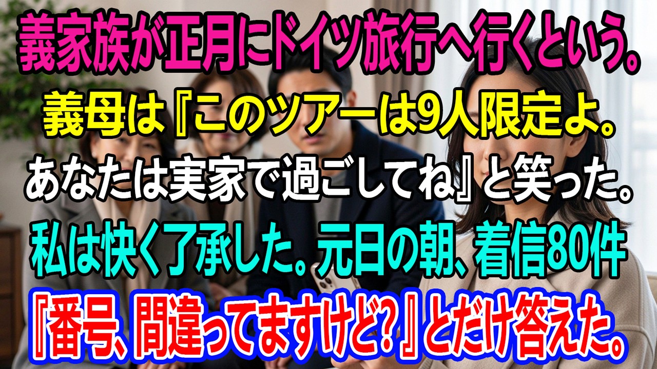 義家族が正月にドイツ旅行へ行くという。義母は『このツアーは9人限定よ。あなたは実家で過ごしてね』と笑った。私は快く了承した。元日の朝、着信80件――『番号、間違ってますけど？』とだけ答えた。