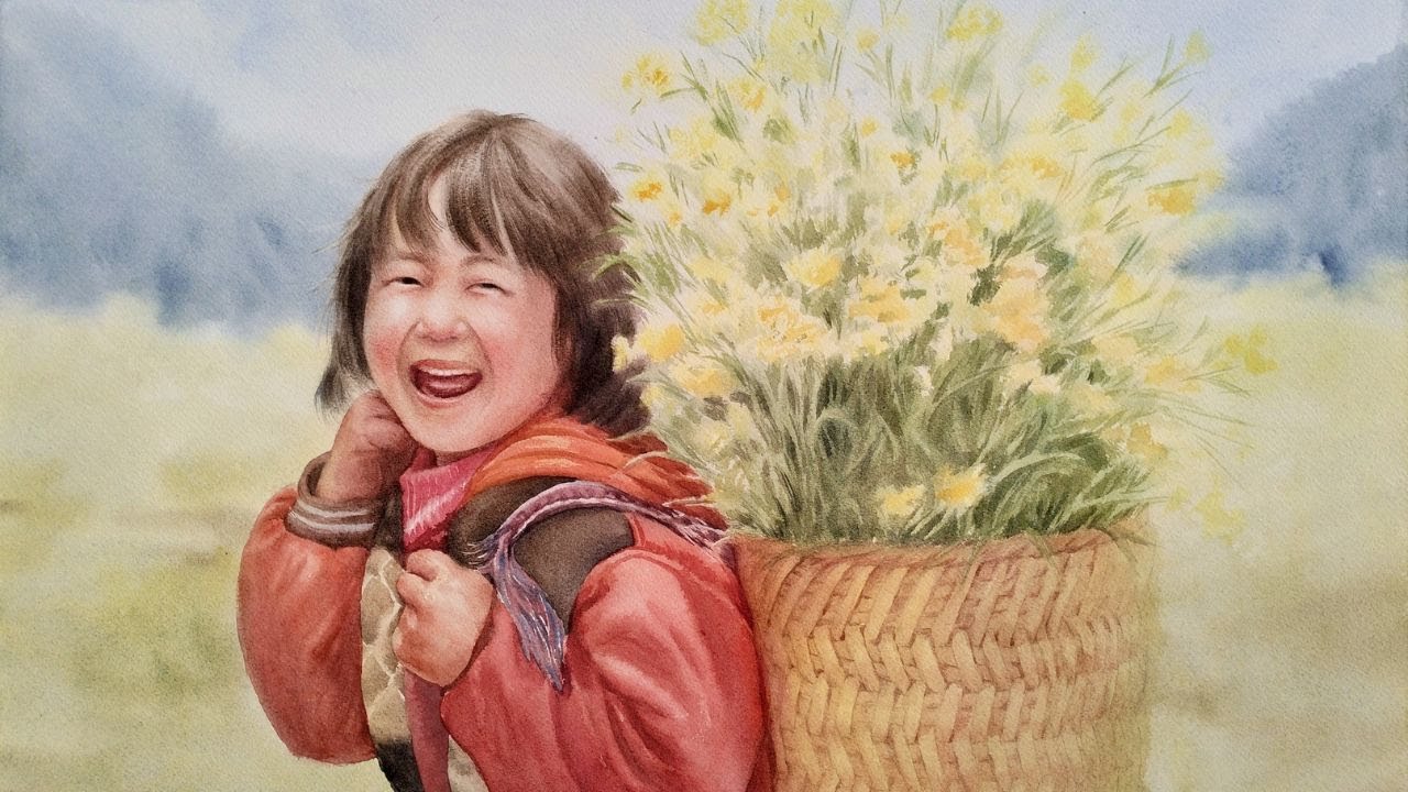 Watercolor portrait painting tutorial - a happy girl with a basket of flowers