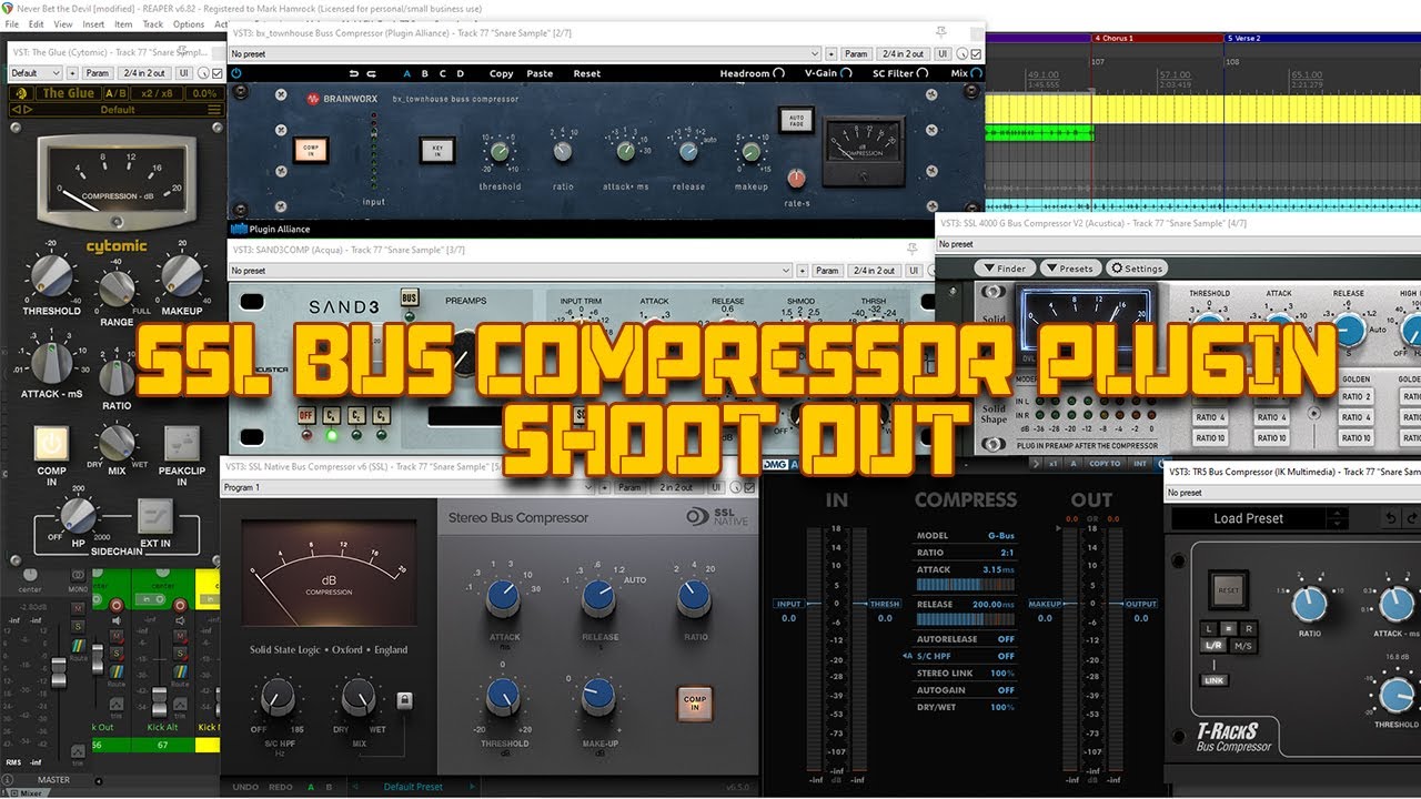SSL Bus Compressor Shootout (UAD, TIM-P, BRAINWORX, ACUSTICA, CYTOMIC, SSL, DMG, T-RACKS)