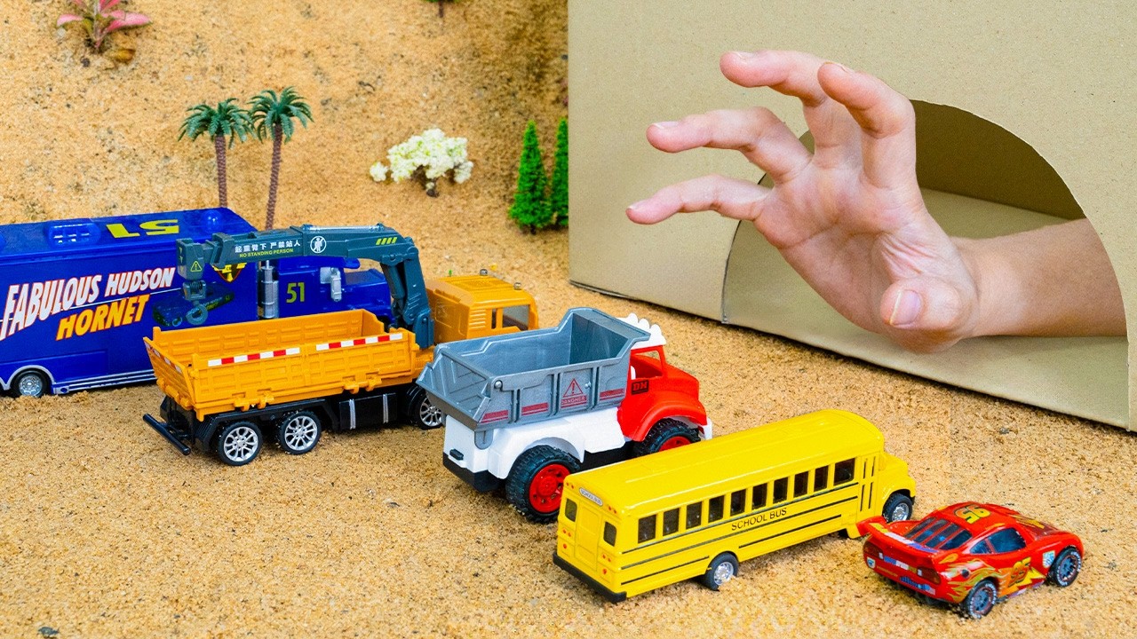 Police Car Rescue Mini Truck, Trator, Mc Queen Car From Monster Hand In Cave