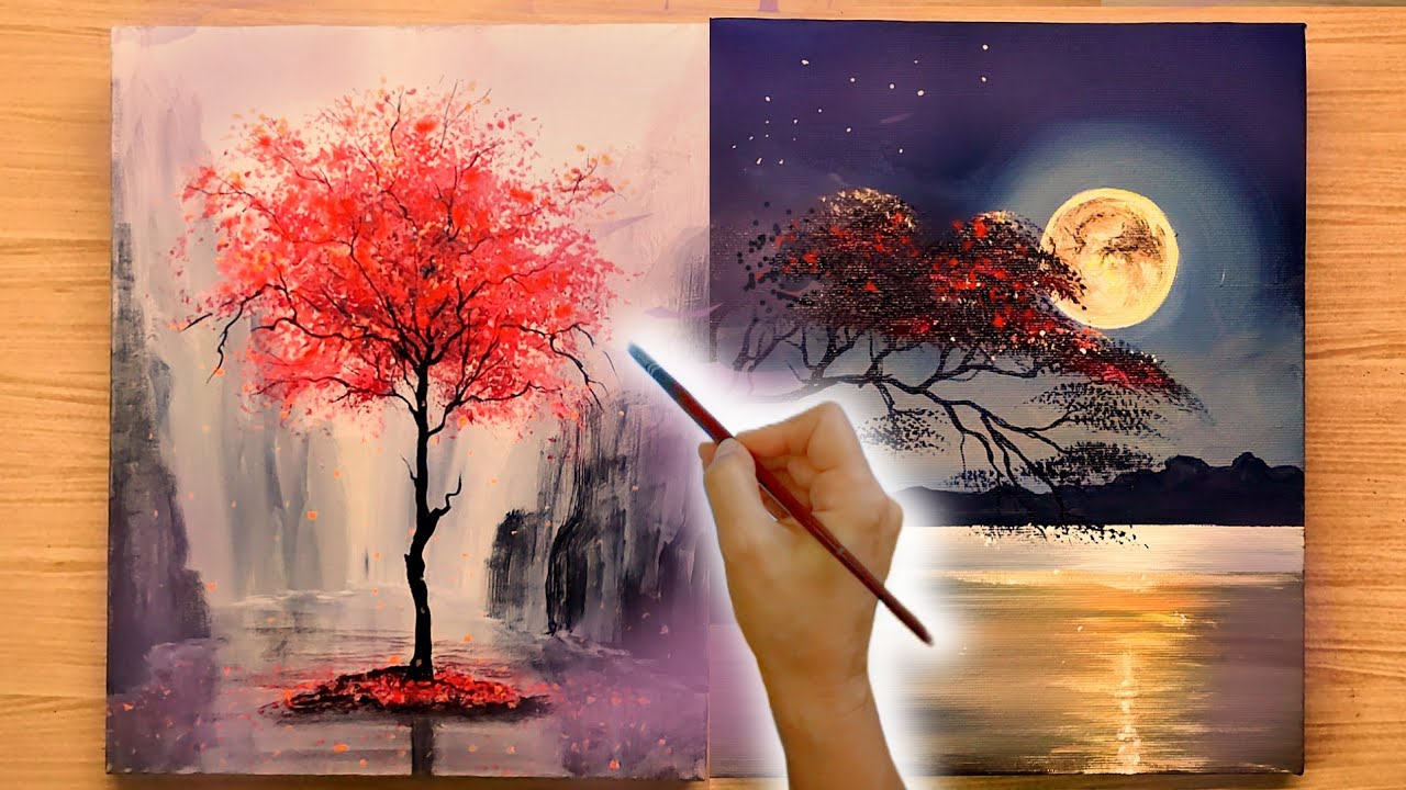 How to Paint 2 Landscapes with RED TREES/ Relaxing Acrylic Painting/ TIMELAPSE 