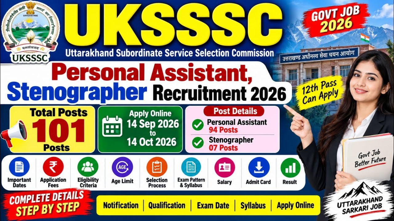 UKSSSC Stenographer Recruitment 2026 | UKSSSC Personal Assistant Notification 2026 | Uttarakhand Job