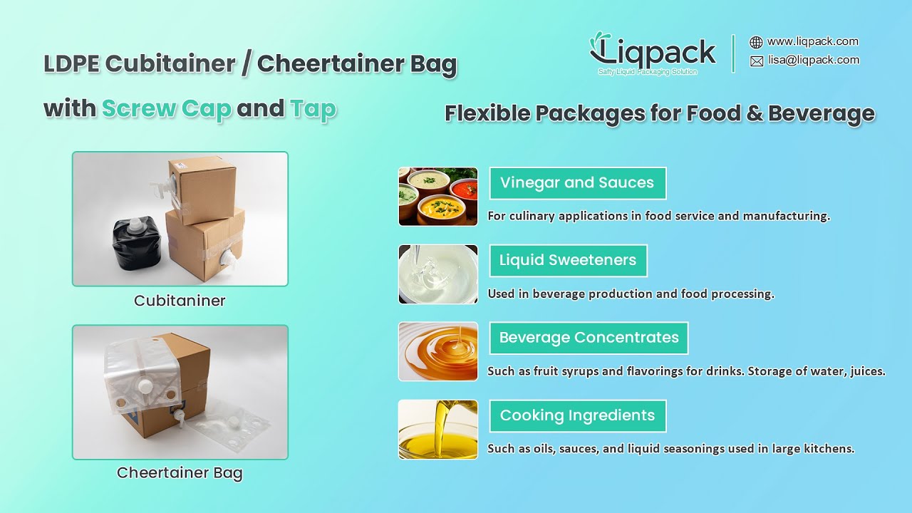 Liqpack Collapsible Packages for Food and Beverage:LDPE Cubitainers and cheertainer bags