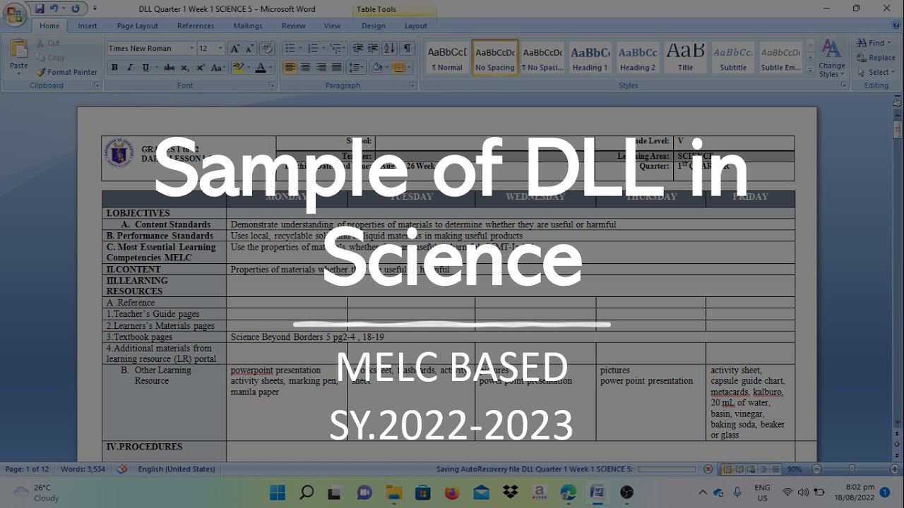 Sample of DLL in Science MELC Based