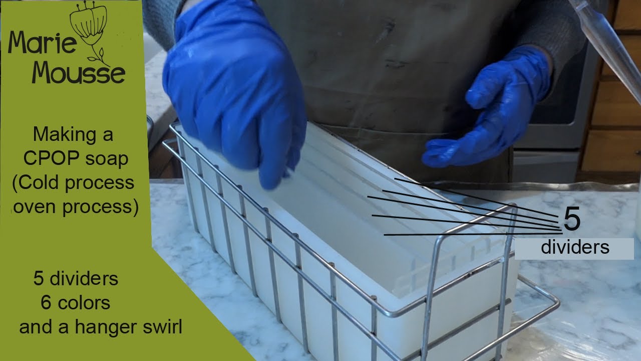 Making a CPOP soap - Cold process oven process - using 5 dividers, 6 colors and a hanger swirl