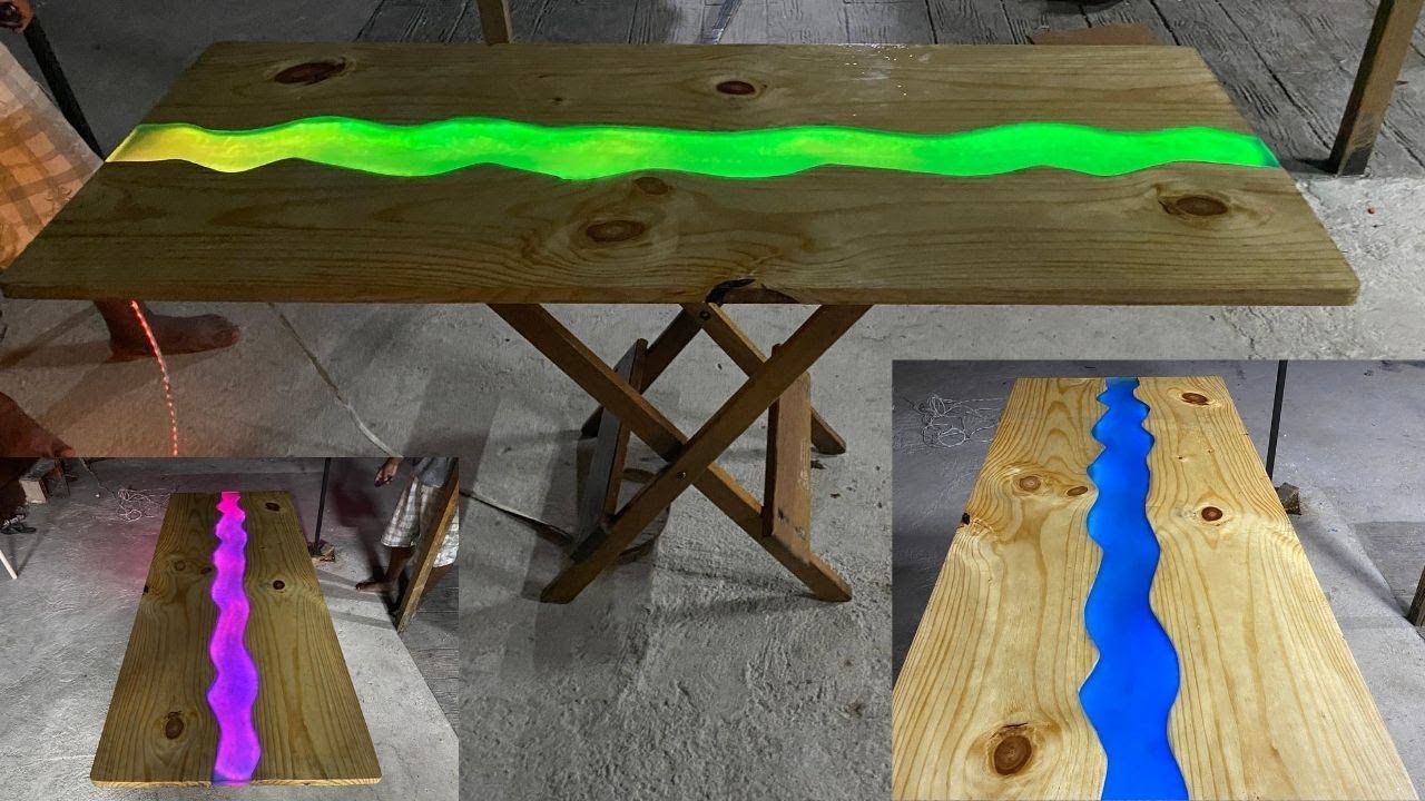 passo a passo  porcelanato liquido em  mesa  river table com Led e Tabuas Pinos
