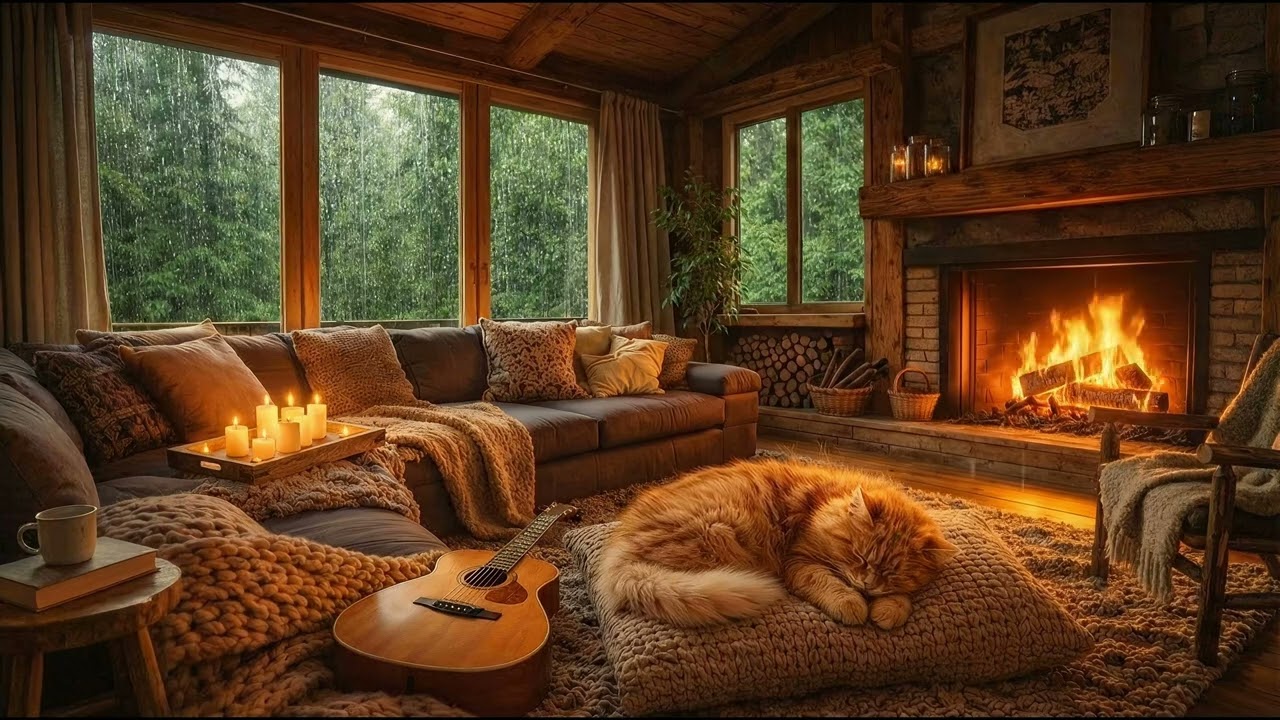 12 Hours Cozy Cabin ASMR 🔥 Rain on Window  Fireplace & Sleeping Cat