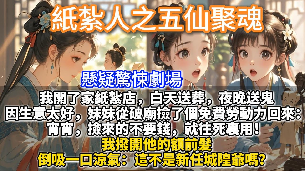 完結懸疑驚悚文：紙紮人之五仙聚魂。我開了家紙紮店，白天送葬，夜晚送鬼。因生意太好，妹妹替我從破廟撿了個免費勞動力：宵宵，撿來的不要錢，就往死裏用！我撥開他的額前髮，倒吸一口涼氣：這不是新任城隍爺嗎？