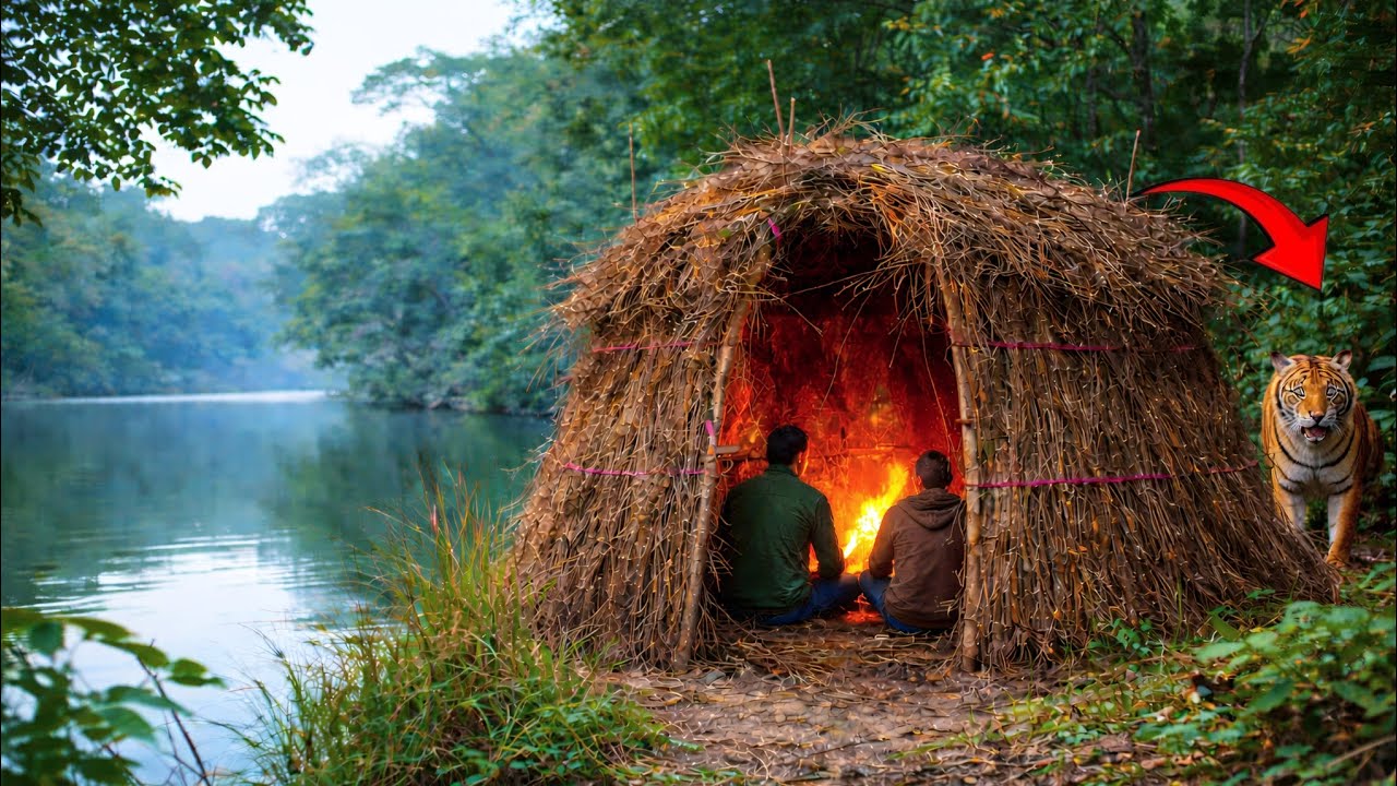Primitive Shelter in a Remote Forest | Wild Herb Survival Cooking