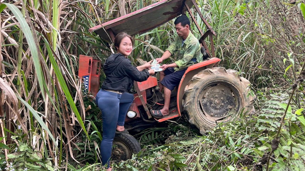 Girl repairs and restores tractor that broke down in the middle of the road.