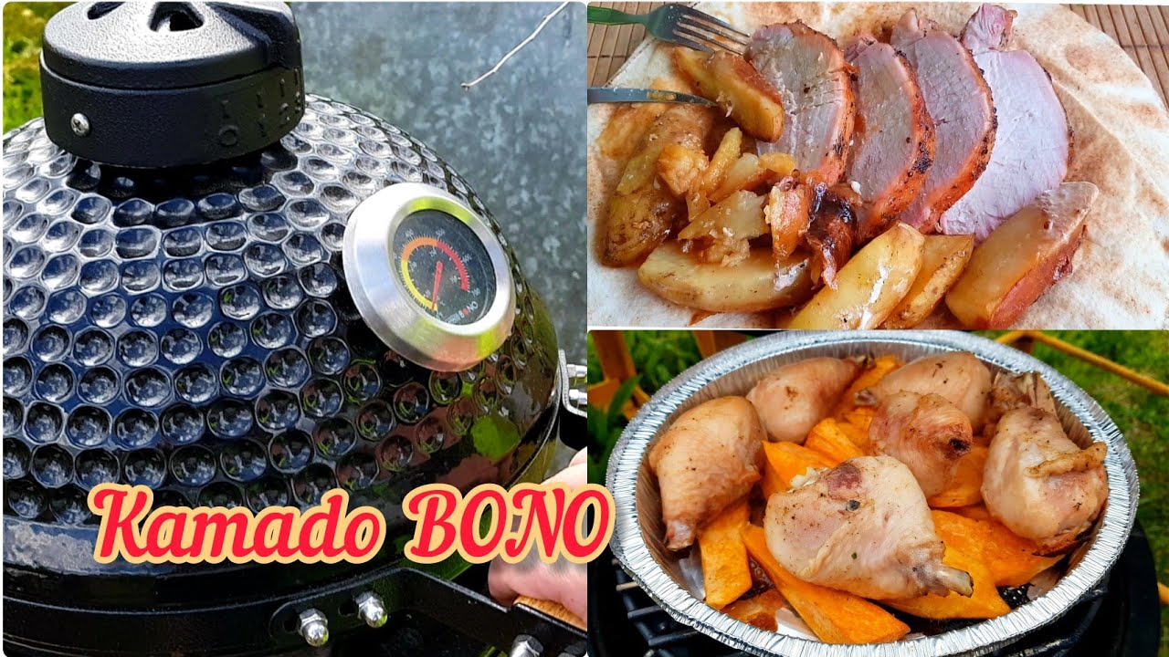 Свинина, жареная целым куском, в гриле Kamado bono. Два вида мяса и два гарнира одновременно.