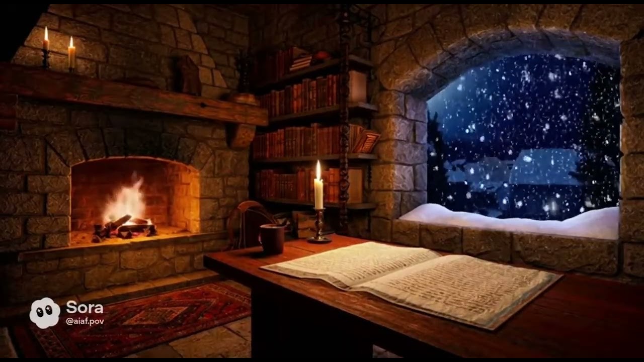 Snowy Medieval Library Fireplace ❄️ Winter Night Ambience (1 Hour)