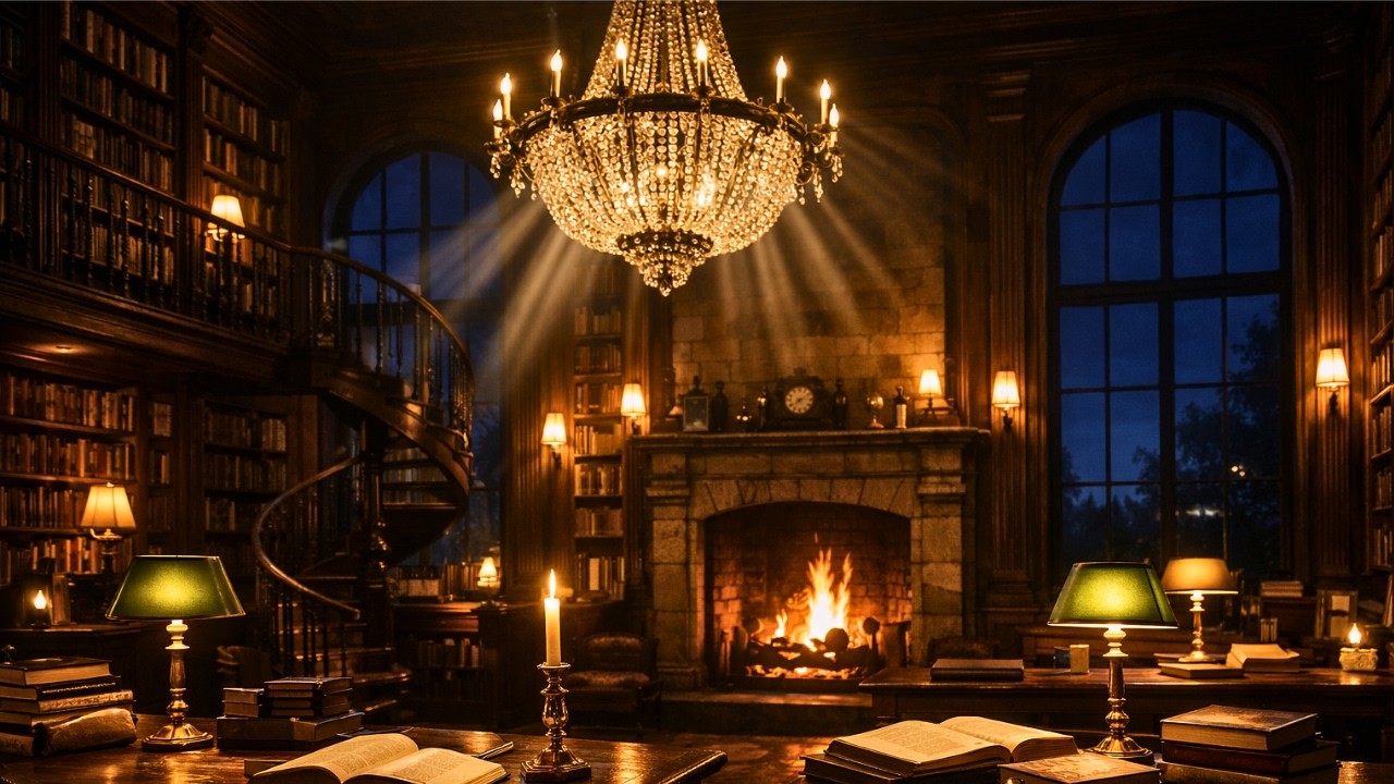 Cozy Fireplace Library Ambience | Quiet Study Room 2 Hours