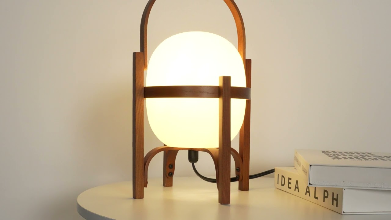 Aeyee Basket Table Lamp with Glass Shade, Modern Wood Bedside Lamp, Boho Style Desk Lamp, Walnut