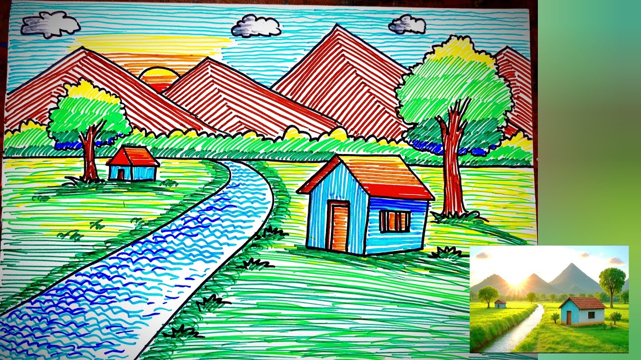 A Wonderful Scenery Drawing by Colourfull Sketch Pens | Sketch Pen Scenery Drawing | Kids Drawing