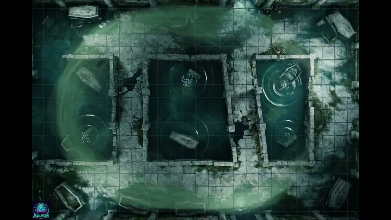 Toxic Flooded Crypt Battlemap (Grid) 4k Animated