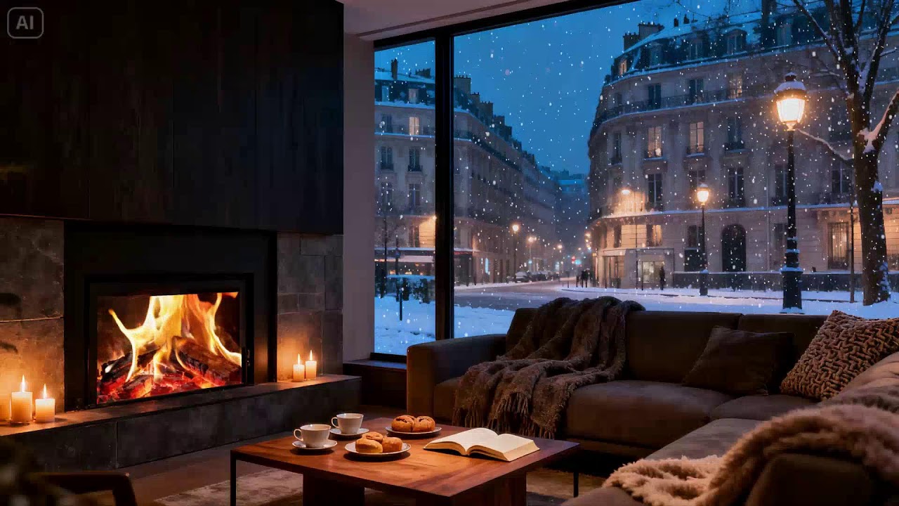 Romantic Paris Night  Fireplace Glow with Snowfall Outside the Window View