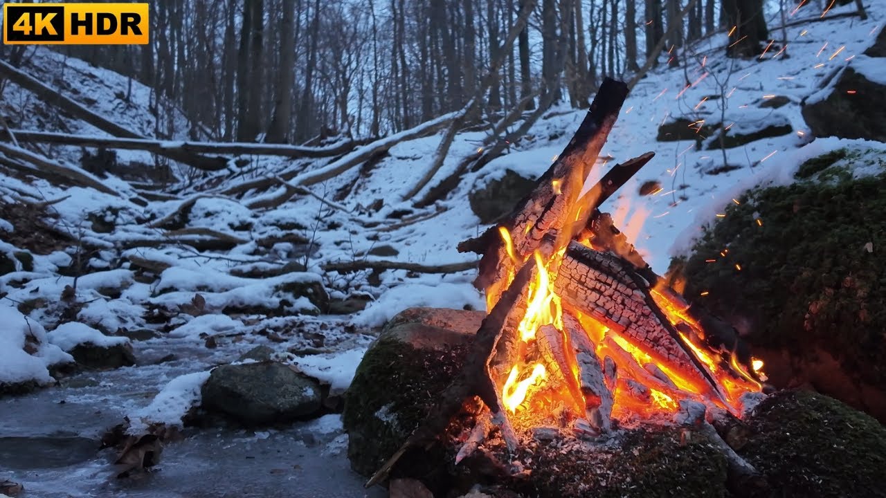 Night Fireplace with Crackling Fire Sounds 🔥 Real Campfire on a Frozen River | Natural Fire -19°C