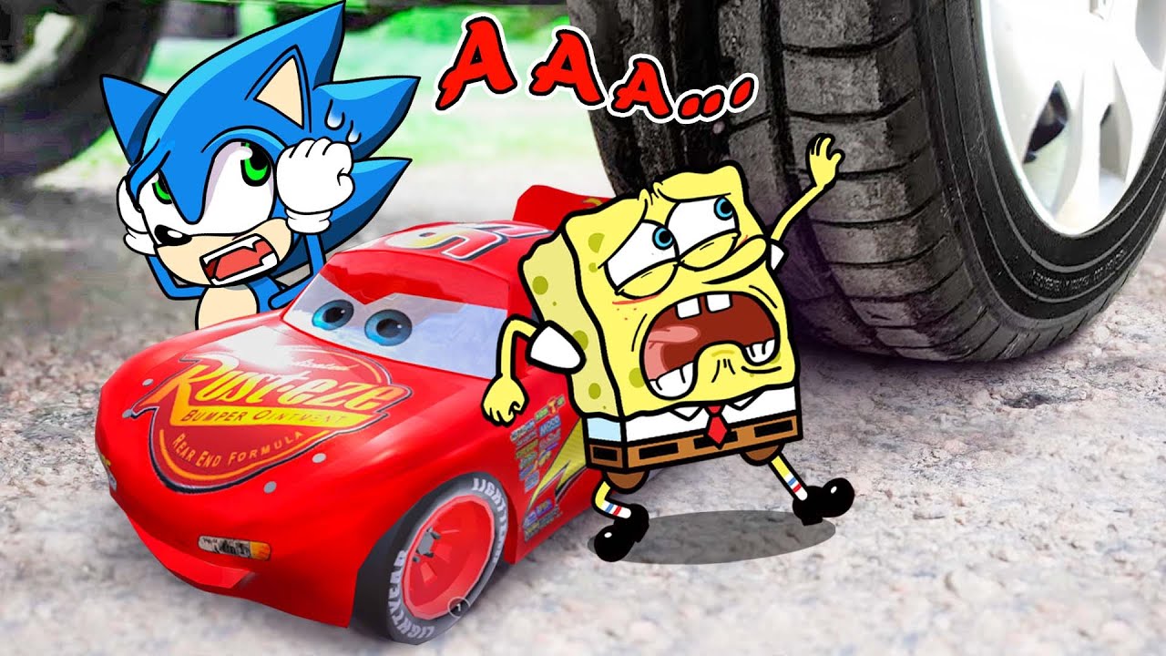 Car Crushing Spongebob vs Sonic vs Mcqueen 🚓 Crushing Crunchy & Soft Things by Car - Woa Doodles