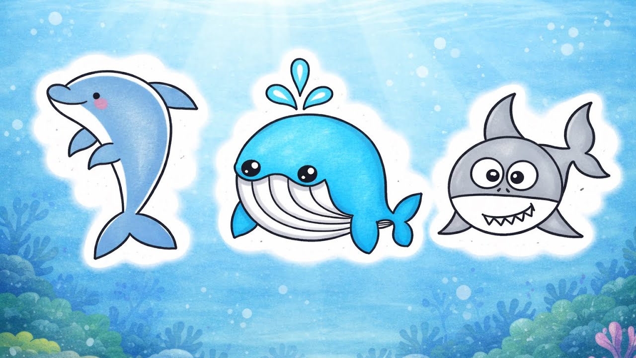 How to Draw Sea Animals | Easy Dolphin, Whale & Shark Drawing for Kids 