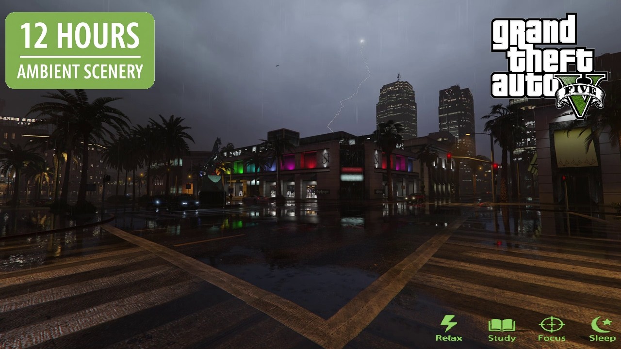 ⛈️ 12 ЧАСОВ GTA 5 AMBIENCE | Дождливая ночь и гроза | Трафик и звуки для сна | 4K