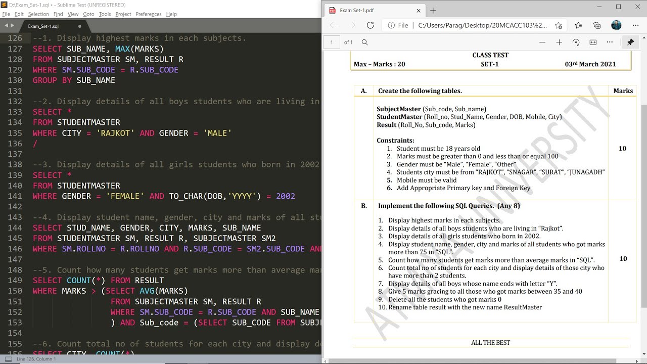 SQL-Practical SET - Class Test Solution - From Create table with records to Query - Practical demo