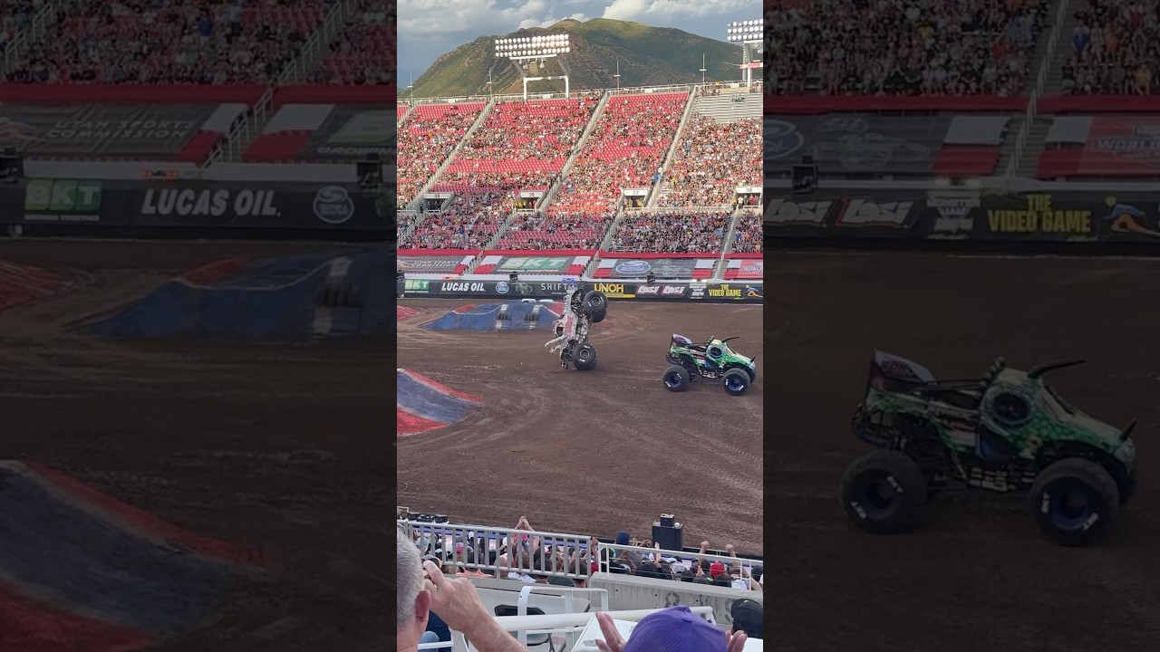 Jurassic attack vs Zombie race to the finish and crash at Monsterjam 2025 world finals in SLC Utah