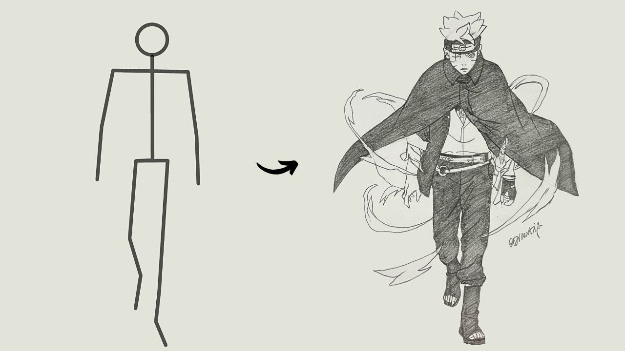 How to draw Boruto Uzumaki full body out of Stick man | Easy step-by-step