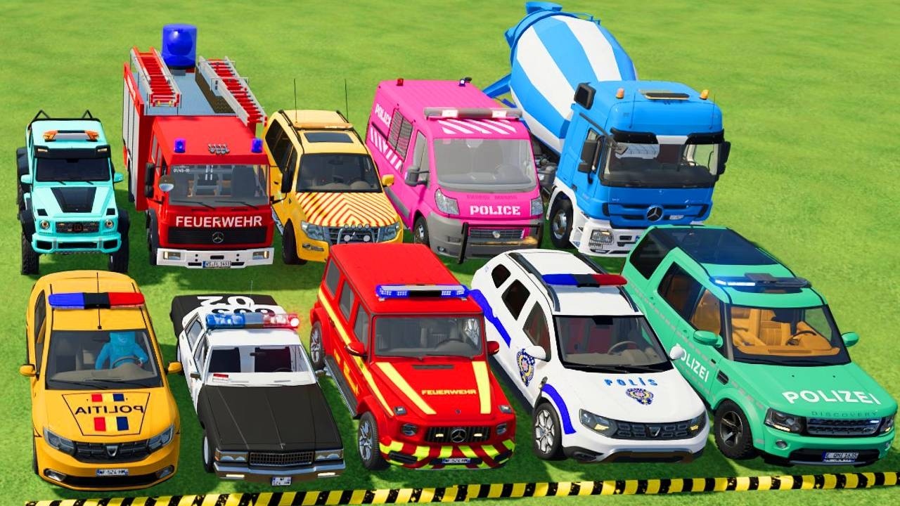 TRANSPORTING POLICE CARS, AMBULANCE, FIRE TRUCK, COLORFUL CARS WITH TRUCK -FARMING SIMULATOR 22!