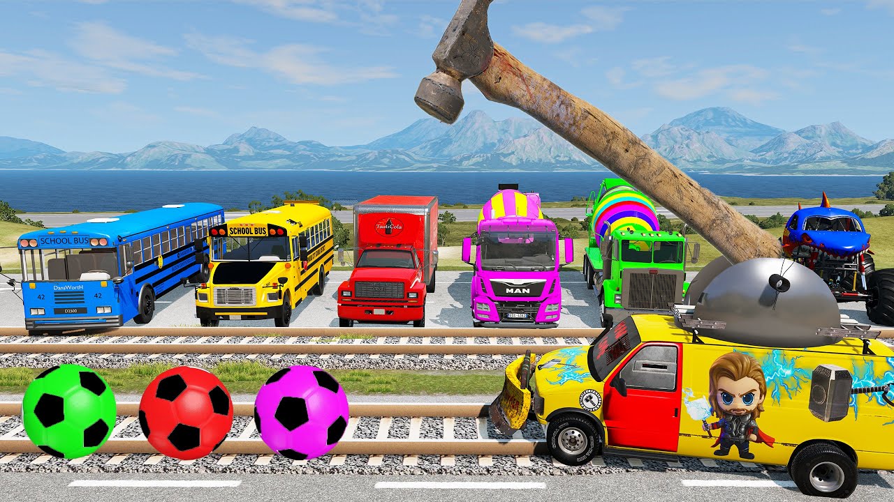 Double Flatbed Long Trailer Trucks Car Rescue Bus with BeamNG Bus - Cars Vs Deep Water