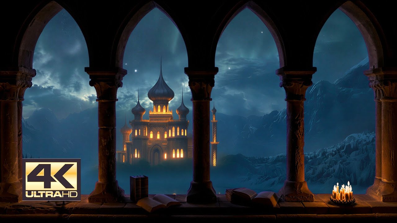❄️ 4K Snowy Arabian Castle Window View | Candlelight & Soft Wind Ambience