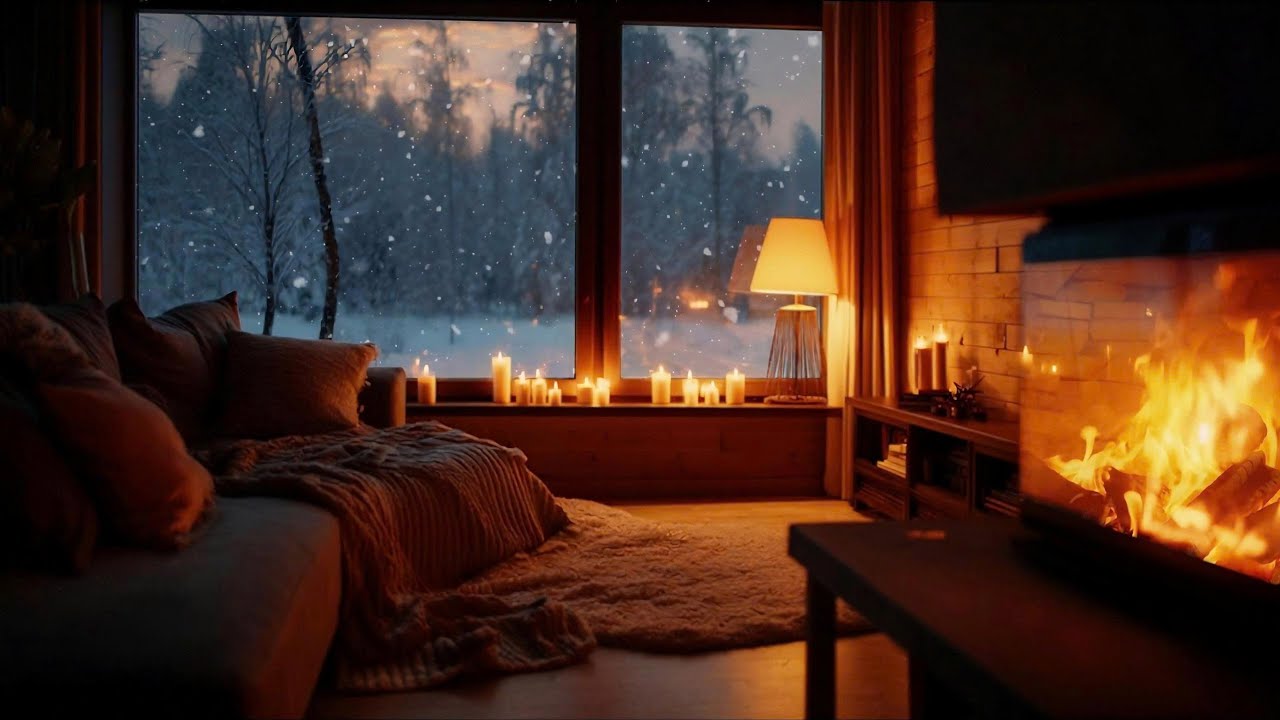 Warm Firelight Inside | Snow Falling Outside | Quiet Night Frame (1 Hour)