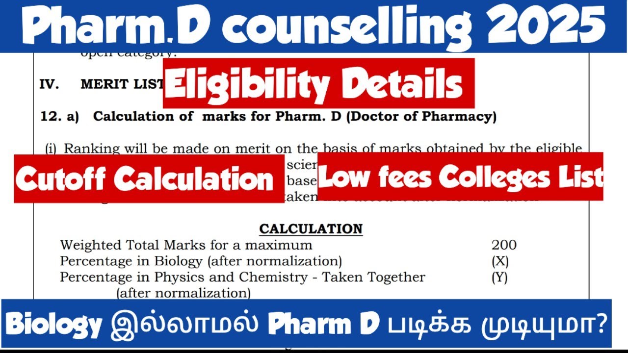 Pharm.D|Counselling Process Details|Cutoff calculation|Eligibility details|low fees colleges list|